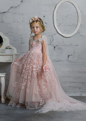 Pink Floral Lace Tulle Dreamy Flower Girl Dress With Train